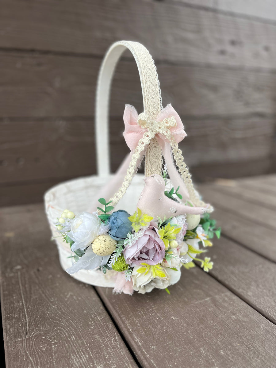 Designer Etno Style Easter Basket “Ceramic Angel“ wood, dry flowers and organic fabric / adult main image 1