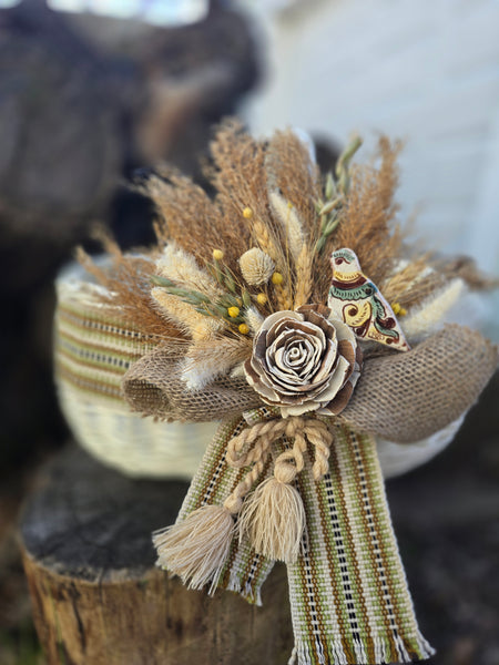 Designer Easter Basket “Etno style “ pottery, dry flowers and organic fabric / adult