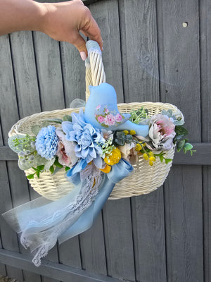 Designer Easter Basket “Blue and yellow bird “ pottery, dry flowers and organic fabric / adult