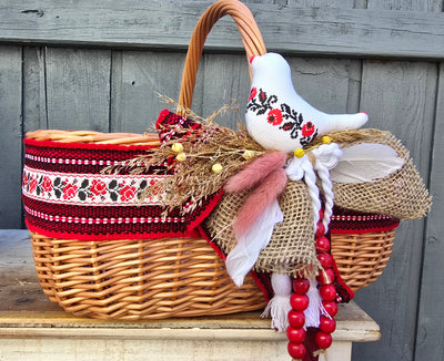 Designer Easter Basket “Etno style “ handmade bird,feather, wooden beads, dry flowers and organic fabric / adult