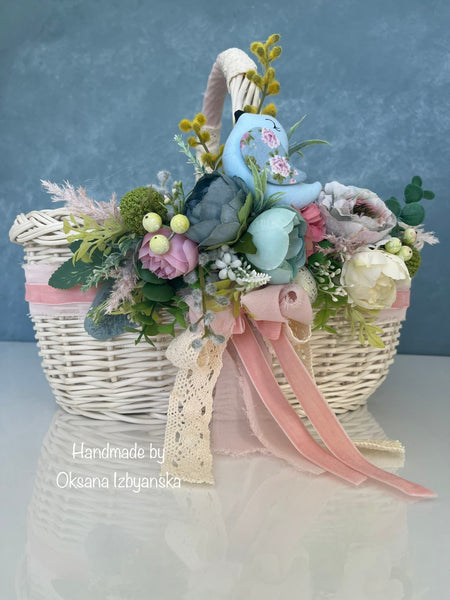 Decorated Easter Basket “Singing Bird “ collection / adult / with pink ribbon