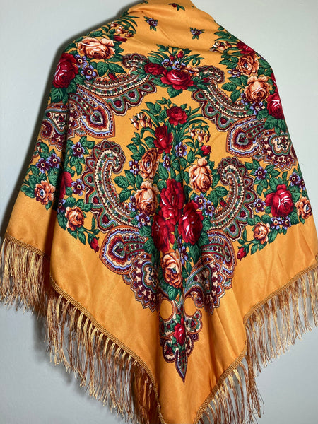 Ukrainian Woolen shawl  / scarf with flowers yellow