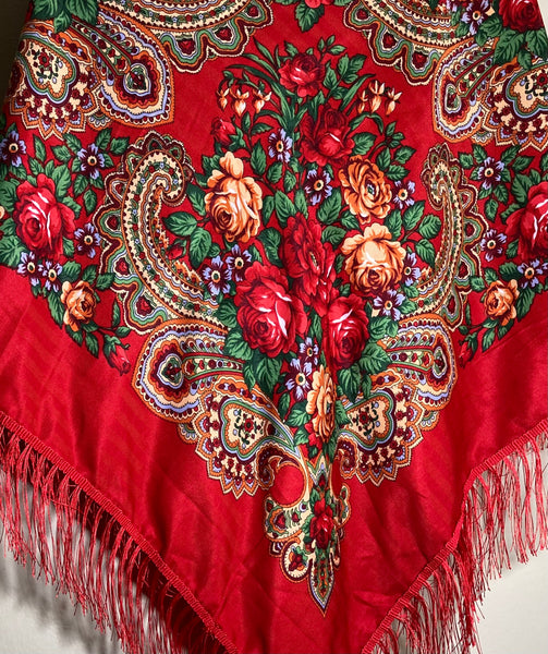 Woolen shawl with flowers “ classic rose” red
