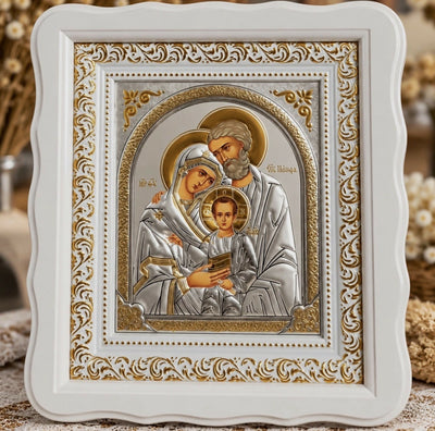 Ікона Святої Родини – Пресвята Богородиця, Святий Йосиф та Ісус Христос – Ікона в білій рамі із золотим оздобленням – Подарунок на хрестини, весілля, новосілля