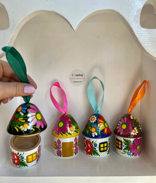 Set of Wooden Hand painted Christmas ornaments, Petrykivka “ Home “
