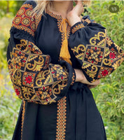 Black Linen Woman embroidery dress “Black magic” XL