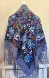 Woolen shawl / scarf with flowers LILAC