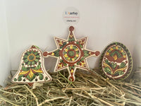 Set of 3 Ceramic ornaments / bell, egg, star