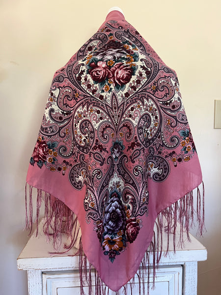 Woolen shawl / scarf with flowers “ Pink field “