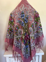 Woolen shawl / scarf with flowers PINK lilies