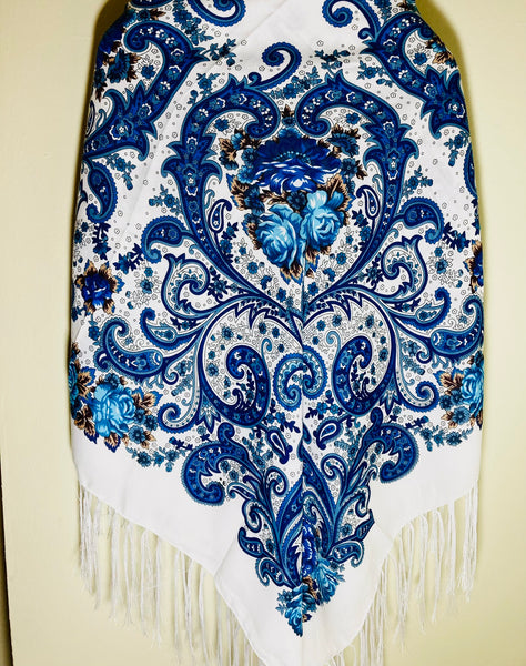Woolen shawl / scarf with flowers “Dream”/ white with blue
