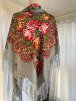 Ukrainian Woolen shawl  / scarf with flowers (silver)