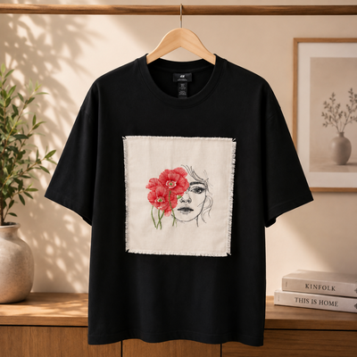 Embroidered Floral Art T-Shirt 🌺 Unique black unisex T-shirt featuring embroidered red flowers and a delicate feminine line-art portrait on natural fabric. A wearable piece of art, perfect for everyday style or as a thoughtful gift.