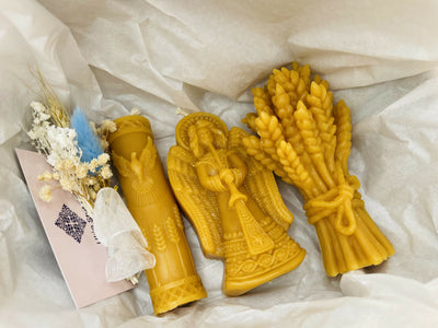 Handmade Beeswax Candles – Angel, Wheat Sheaf & Spiritual Design Set