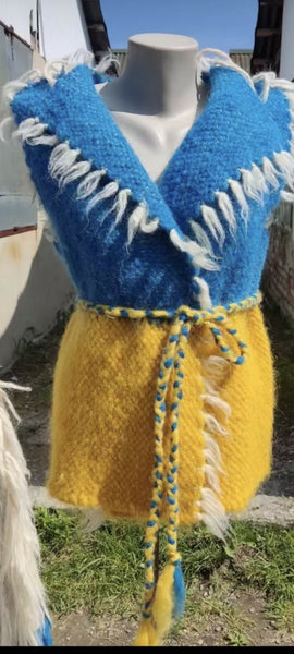 🇺🇦 Handmade Ukrainian “Hunya” Wool Vest – Blue & Yellow Traditional Style