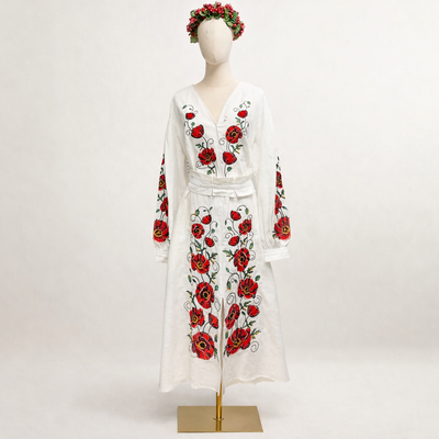 🌺 Ukrainian Embroidered Dress with Red Poppies | Handmade Vyshyvanka Dress | Traditional Floral Linen Dress