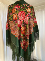 Ukrainian Woolen shawl  / scarf with flowers (green)
