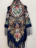 Woolen shawl / scarf with flowers “Dream” / dark blue