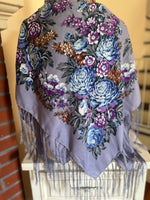 Woolen shawl / scarf with flowers LILAC