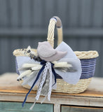 Designer Etno Style Easter Basket “Early morning with grey bird “ wood, dry flowers and organic fabric / adult size small 33x22cm