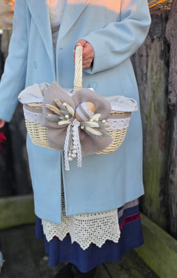 Designer Etno Style Easter Basket “Early morning“ wood, dry flowers and organic fabric / adult size small 33x22cm