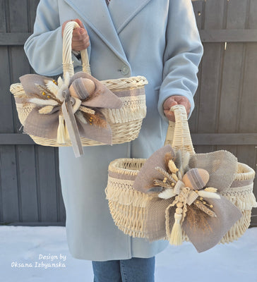 Made ro order / Designer Etno Style Easter Basket “Early Morning“ wood, dry flowers and organic fabric / adult