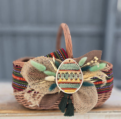 Designer Etno Style Easter Basket “Ceramic egg from Kosiv“ wood, dry flowers and organic fabric / adult