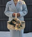 Designer Etno Style Easter Basket “Ceramic Egg“ dark green, wood, dry flowers and organic fabric / adult