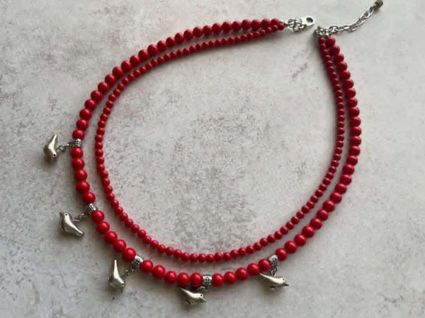 Red necklace with little birds  " Oksana"