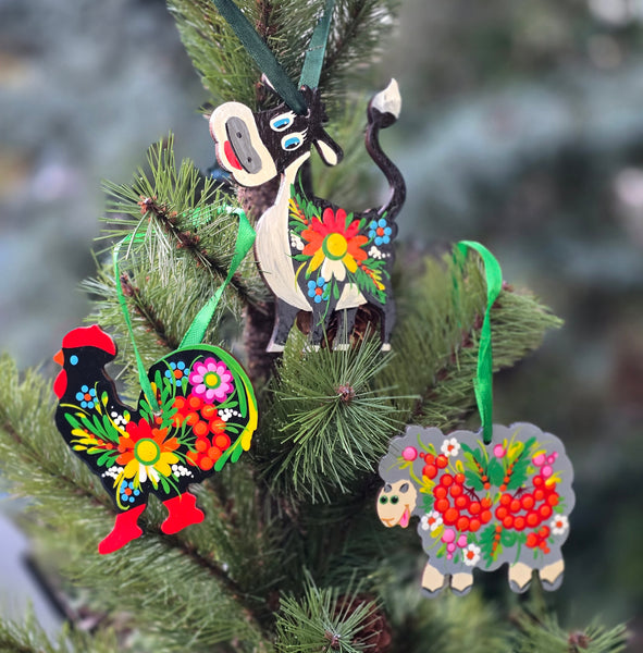 Set of 3 Hand painted ornaments / Petrykivka / Ukrainian animals/ wood/