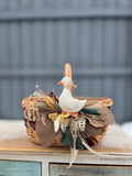 Designer Etno Style Easter Basket “ Duck“ wood, dry flowers and organic fabric / adult size large 33x24cm