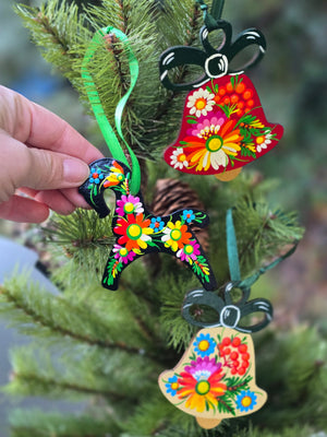 Set of 3 Hand painted ornaments / Petrykivka / Ukrainian animals/ wood/ bells and horse