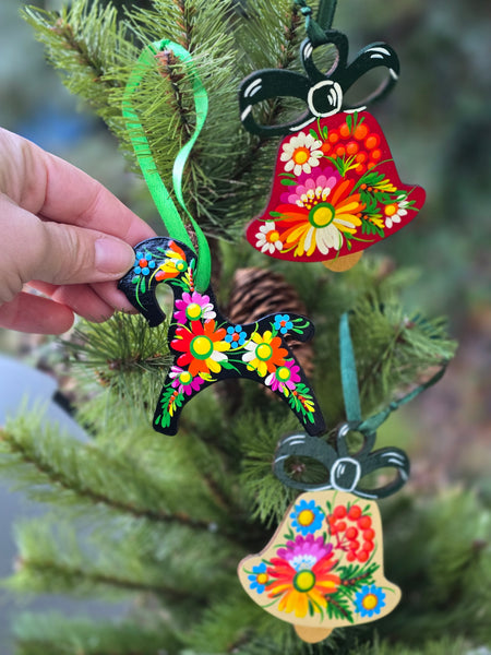 Set of 3 Hand painted ornaments / Petrykivka / Ukrainian animals/ wood/ bells and horse