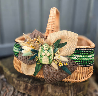 Designer Etno Style Easter Basket “Ceramic Angel “ wood, dry flowers and organic fabric / adult size large 36x27cm
