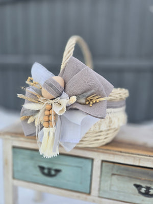 Designer Etno Style Easter Basket “Early morning“ wood, dry flowers and organic fabric / adult