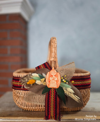 Designer Etno Style Easter Basket “Ceramic Angel“ wood, dry flowers and organic fabric / adult