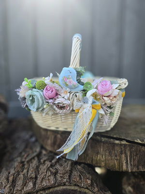 Designer Easter Basket “Blue and yellow bird “ pottery, dry flowers and organic fabric / adult