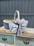 Designer Etno Style Easter Basket “Early morning with grey bird “ wood, dry flowers and organic fabric / adult size small 33x22cm