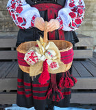 Designer Etno Style Easter Basket “Hand embroidery bird“ wood, dry flowers and organic fabric / adult