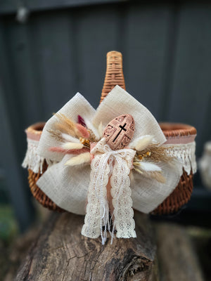 Designer Etno Style Easter Basket “Ceramic egg with cross“ wood, dry flowers and organic fabric / adult size large 36x27