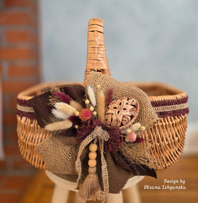 Designer Etno Style Easter Basket “Ceramic Egg“ wood, dry flowers and organic fabric / adult