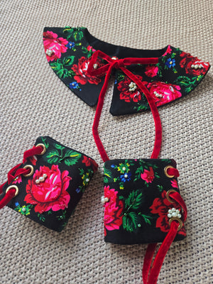 3 piece set / Hand embroidery/ colar and cuffs