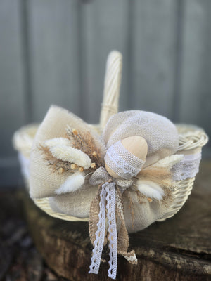 Designer Etno Style Easter Basket “Early morning“ wood, dry flowers and organic fabric / adult size small 33x22cm