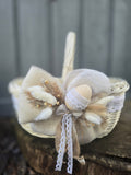 Designer Etno Style Easter Basket “Early morning“ wood, dry flowers and organic fabric / adult size small 33x22cm