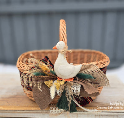 Designer Etno Style Easter Basket “ Duck“ wood, dry flowers and organic fabric / adult size large 33x24cm
