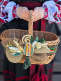 Designer Etno Style Easter Basket “Ceramic Egg from Kosiv“ wood, dry flowers and organic fabric / adult