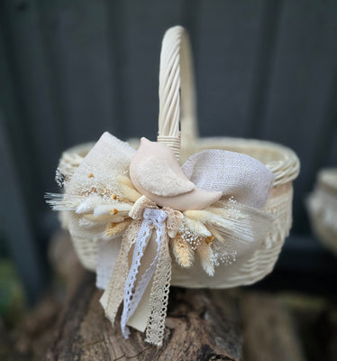 Designer Etno Style Easter Basket “Early morning“ wood, dry flowers and organic fabric / adult size medium 36x28