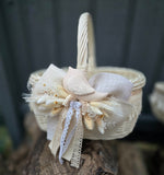 Designer Etno Style Easter Basket “Early morning“ wood, dry flowers and organic fabric / adult size medium 36x28