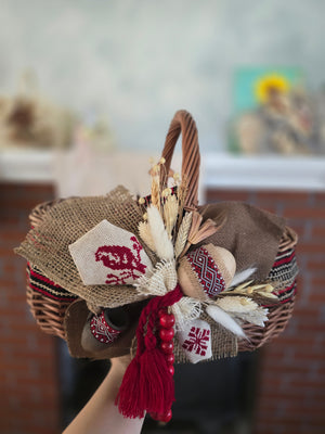 Easter Basket in Etno Style with hand embroidery pottery, dry flowers and organic fabric / adult