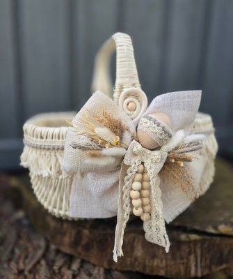 Designer Etno Style Easter Basket “Early morning with grey bird “ wood, dry flowers and organic fabric / adult size large 36x27cm